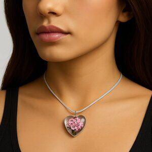 Heart-Shaped Pink Floral Tree Pendant Necklace - 18" Grey Cord Fashion Jewelry